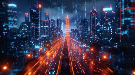 Fototapeta premium Night view of a bustling city with traffic light trails, and illuminated high rise buildings showcasing urban life.