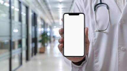 Doctor holding smartphone with blank screen in modern hospital corridor. Medical professional displaying phone mockup for healthcare app or service.