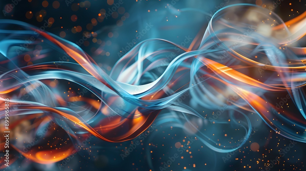 Poster flowing ribbons in shades of blue and pink creating an abstract pattern