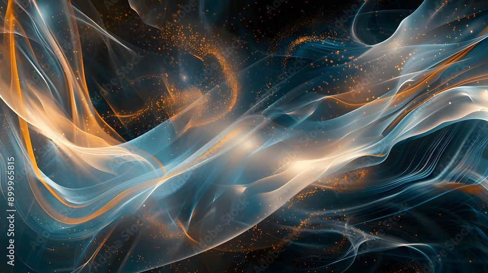 Poster futuristic abstract image with intertwining blue and orange waves and dynamic motion