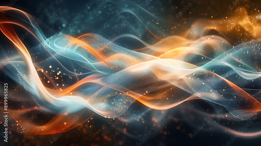 Poster futuristic abstract image with intertwining blue and orange waves and dynamic motion