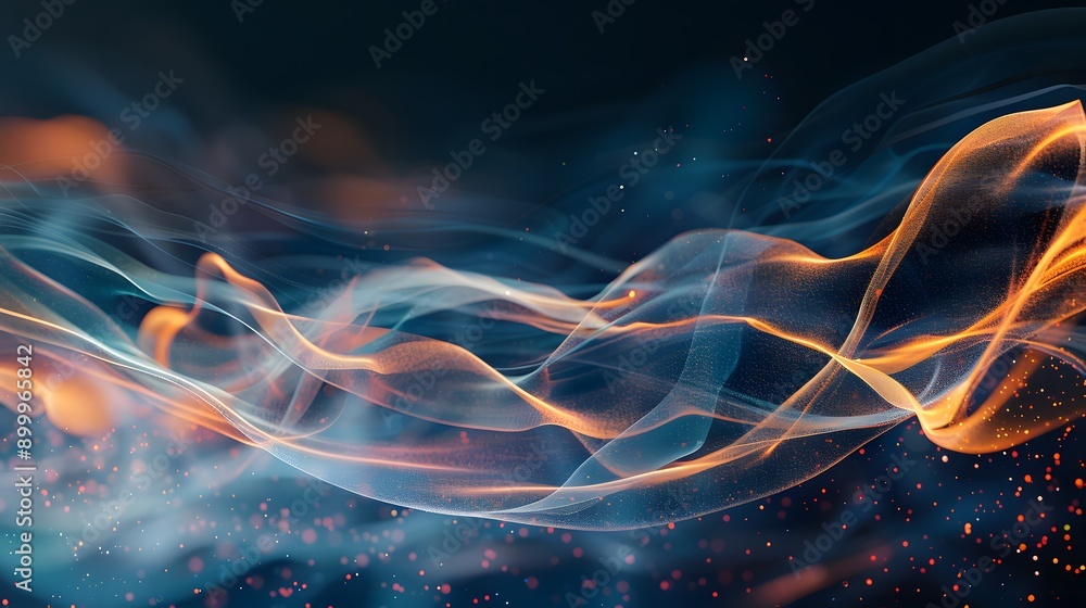 Poster futuristic abstract image with intertwining blue and orange waves and dynamic motion