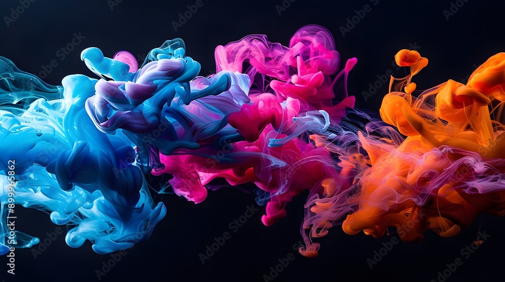 Poster realistic depiction of colorful ink flowing in vibrant abstract patterns