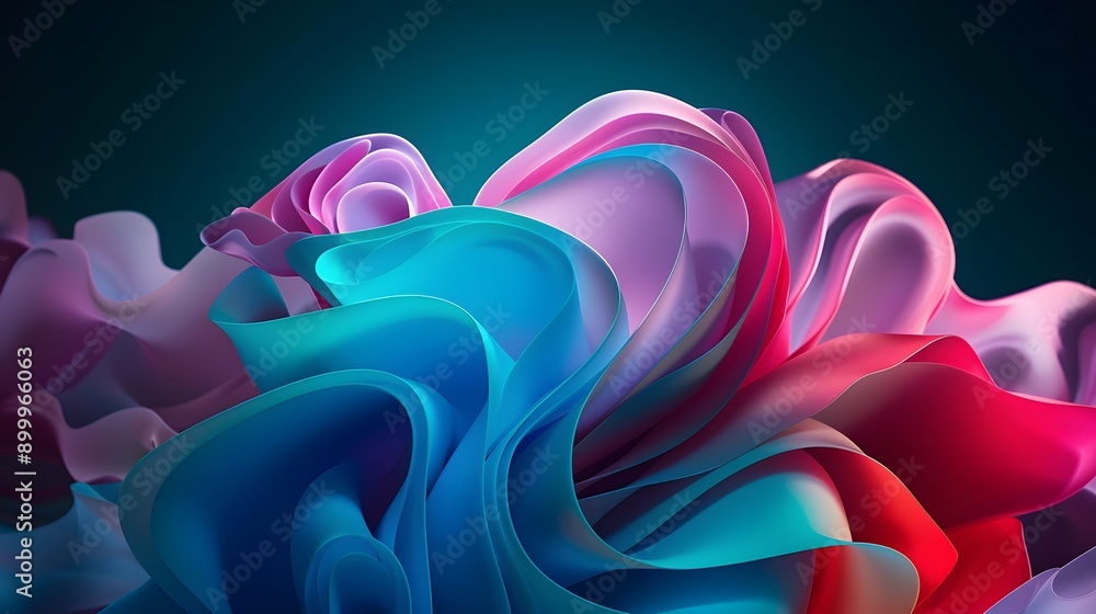Poster dynamic abstract shapes with flowing ribbons in vibrant neon colors.