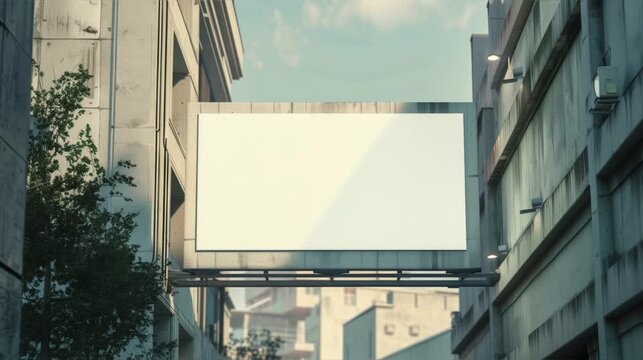 An empty huge poster mockup on the roof of a mall; white template placeholder of an advertising billboard on the rooftop of a modern building framed by trees; blank mock-up of an outdoor info banner