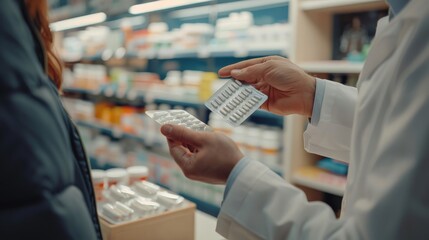 Pharmacist comparing two blister packs of pills in a pharmacy. Medical consultation and professional pharmaceutical service