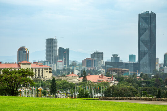 Rapid development of central business district with modern skyscrapers of downtown of Addis Ababa, Ethiopia