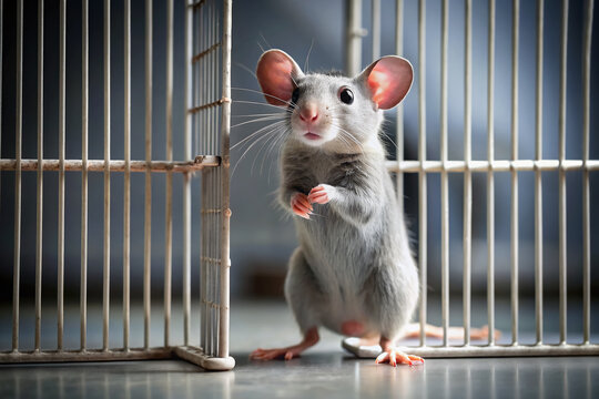 A lone gray mouse rat stands on hind legs, grasping iron bars of a cage, with an open door behind, symbolizing freedom from laboratory confinement.