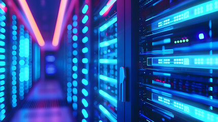 Naklejka premium Macro photo of blue neon lit stacked blade servers in data center space for text