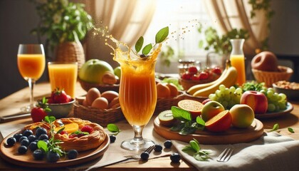 Orange juice splashed with a table of fruits