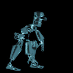 old fashion robot cartoon on crouch pose in side view