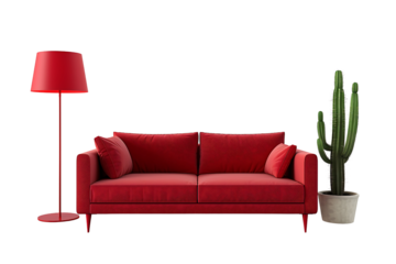 modern sofa with red colors with decorative floor lamp and cactus plant on transparent background