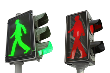 green and red pedestrian crossing signal on a traffic light on transparent background