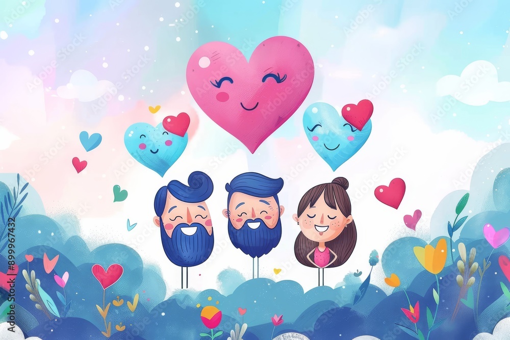 Poster Whimsical cartoon family with baby vibrant colors flat design highlighting love and unity in a playful cheerful setting