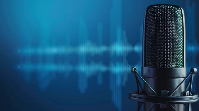 microphone with waveform on blue background podcast	
