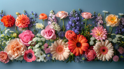 Fototapeta premium Creative layout made of various flowers. Flat lay delicate colors bouquet
