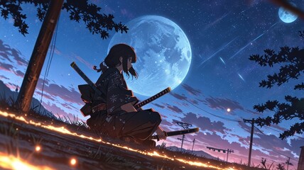 Silhouette of a samurai warrior meditating by the water under the moonlight, depicting calmness and traditional Japanese culture.