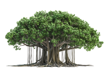 tropical banyan tree with aerial roots on transparent background