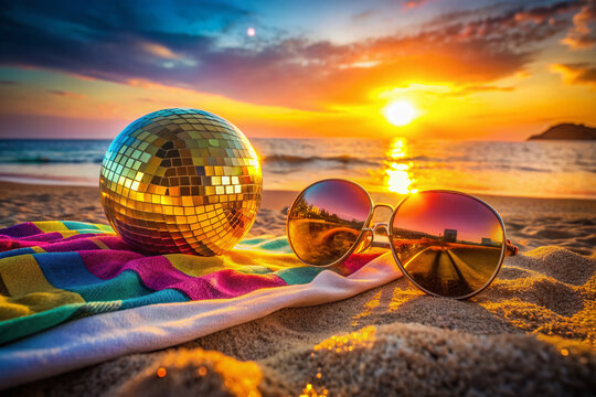 Vibrant summer sunset beach scene with golden outfit and trendy sunglasses lying on colorful beach towels, surrounded by disco balls and neon lights.