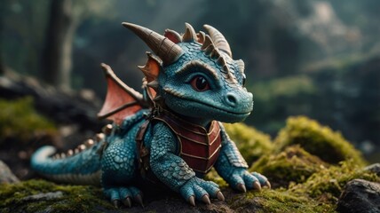 Adorable baby blue dragon in knight armor sitting in a mystical forest, perfect for fantasy and magical-themed projects.