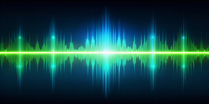 Vibrant neon green audio waveform with significant gaps against a calming blue background, conveying a sense of modern technology and dynamic sound patterns.