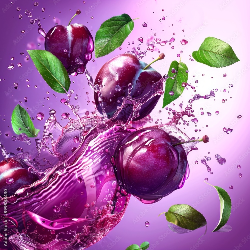 Canvas Prints Vibrant purple plums with green leaves in a splash of juice. A fresh and colorful food concept illustration. Perfect for healthy eating, nutrition topics, or fruit-related designs. AI