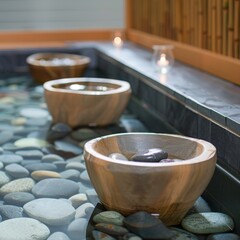 Serene wooden bowls float in a tranquil water feature filled with smooth pebbles, set in a zen garden. The ambiance is peaceful, enhanced by soft lighting and natural wood textures, creating a perfect