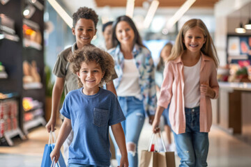 Fototapeta premium Family shopping in a supermarket, with smiling faces and colorful produce in the background