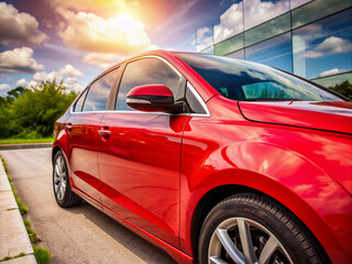 Vibrant red car showcases ceramic tinted windows, rejecting heat and harmful UV rays, while maintaining clarity and visibility on a sleek, modern vehicle exterior.