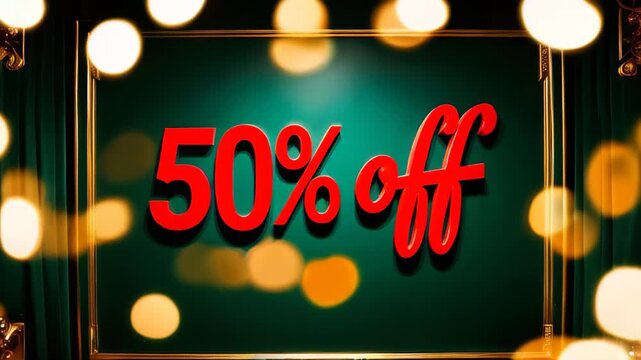 festive sale banner "50% off" in red on a blurred green and gold bokeh background. Christmas and ney year sale. Black Friday, Cyber Monday concept