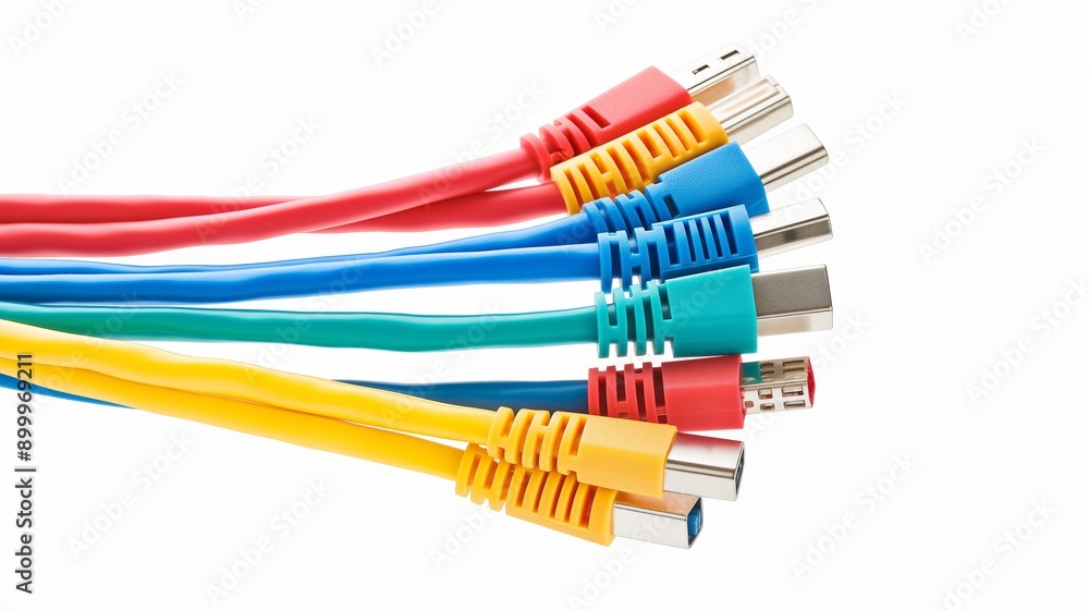 Wall mural modern technology network cables in various colors isolated on a white background, showcasing connec
