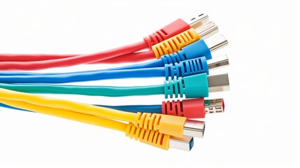 Modern technology network cables in various colors isolated on a white background, showcasing connectivity and communication in a clean and simple layout with space for text