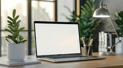 Fototapeta premium Laptop with blank screen on a modern office desk, surrounded by potted plants, books, and a desk lamp, offering a mockup template for design or business presentation in a bright workspace