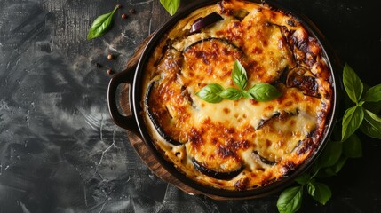 
Baked moussaka with golden cheese crust in a black casserole dish garnished with fresh basil leaves, placed on a dark rustic background, showcasing traditional Greek eggplant casserole from top view