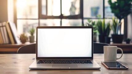 Laptop device mockup template design on office workplace desk with a white blank screen, accompanied by a smartphone and a coffee mug, in a modern and bright workspace