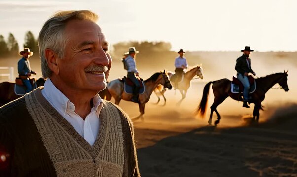 Medium shot portrait video of a satisfied man in his 50s that is wearing a chic cardigan against a rodeo event with cowboys and horses background