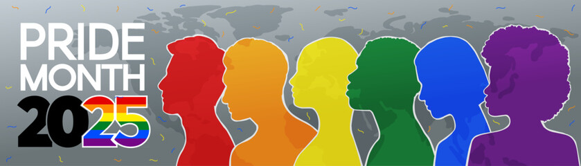 LGBT long banner. Silhouettes of diverse people are painted in the colors of the rainbow. Pride Month 2025. A place for text. Vector flat illustration.