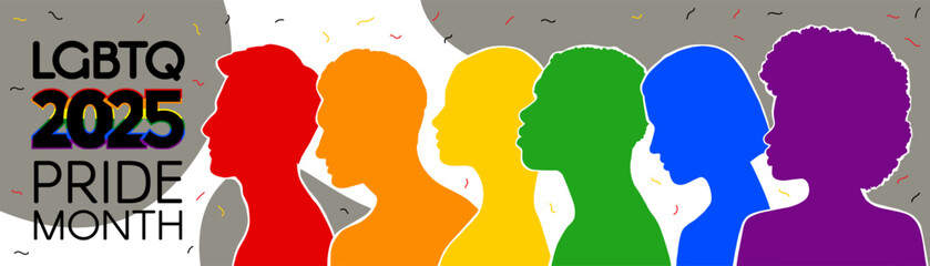 LGBT long banner. Silhouettes of diverse people are painted in the colors of the rainbow. Pride Month 2025. A place for text. Vector flat illustration.