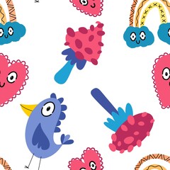 Cartoon doodle seamless mushrooms and birds and clouds and hearts pattern