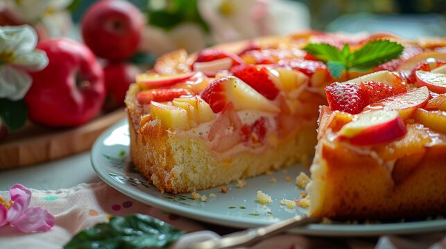 Delicious homemade strawberry cake on a white plate. The cake is a perfect dessert for summer gatherings, styled with fresh flowers and leaves. Close-up view that highlights the fruity texture. AI