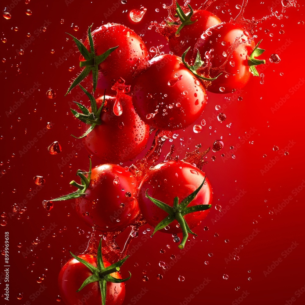 Poster Vibrant ripe tomatoes splashing in water droplets on a bright red background. Perfect for food and beverage themed projects. High-resolution AI-generated image for creative use. Natural and fresh. AI