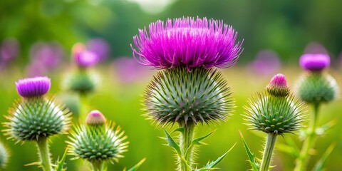 Tall, prickly thistle plant with purple flowers growing in field AI-Created Content, landscape, Thistle, wild