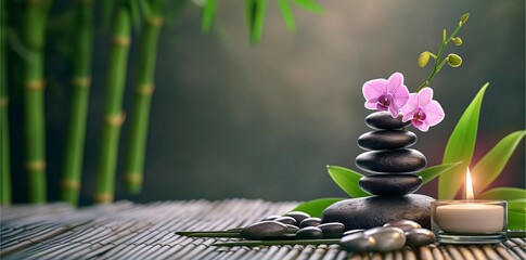 "inspired scene with a stack of black stones balanced beside a lit candle, pink orchids, and bamboo stalks in the background, symbolizing tranquility and relaxation."

