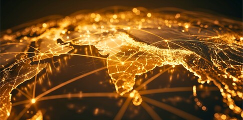 "Illuminated map of India and surrounding regions with glowing network lines, representing connectivity and technological advancement in the area."

