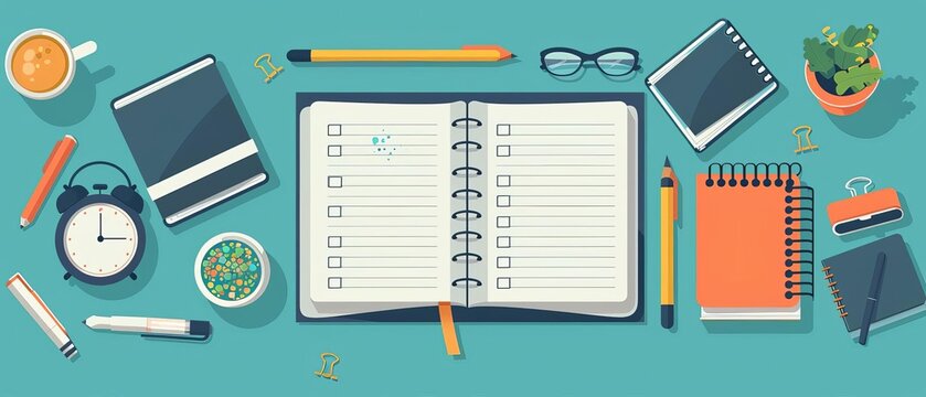 Flat design of a study planner with sections for daily homework, study goals, and time management tips