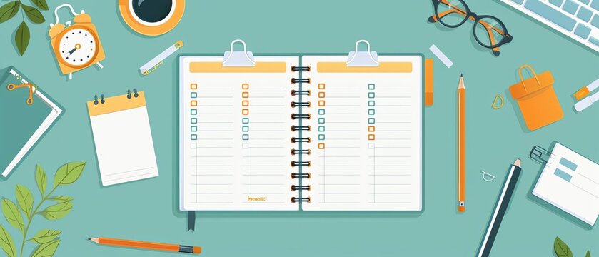 Flat design of a weekly planner page with sections for homework, extracurricular activities, and personal goals