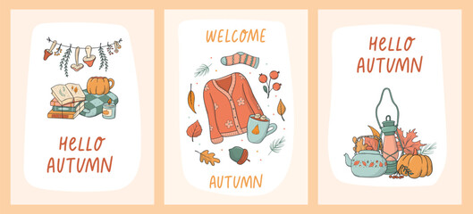 Fototapeta premium Autumn cards collection with lettering quotes and doodles for banners, wallpaper, posters, prints, invitations, templates, etc. EPS 10