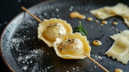 Gourmet ravioli skewer on a dark plate with sauce. Elegant presentation of pasta dish ideal for gourmet food blogs and restaurants. Culinary photography showcasing fine dining and creativity. AI