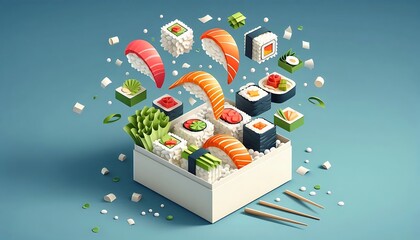 Banner with image of sushi roll in paper style. Background with food. Image of sushi.Generative AI