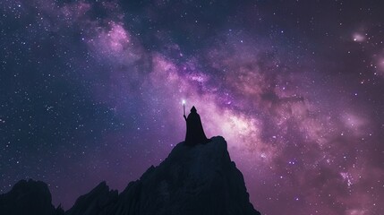 Fototapeta premium Silhouette of a wizard standing atop a mountain, holding a glowing staff under a purple night sky filled with stars and the Milky Way. A mystical and enchanting scene.